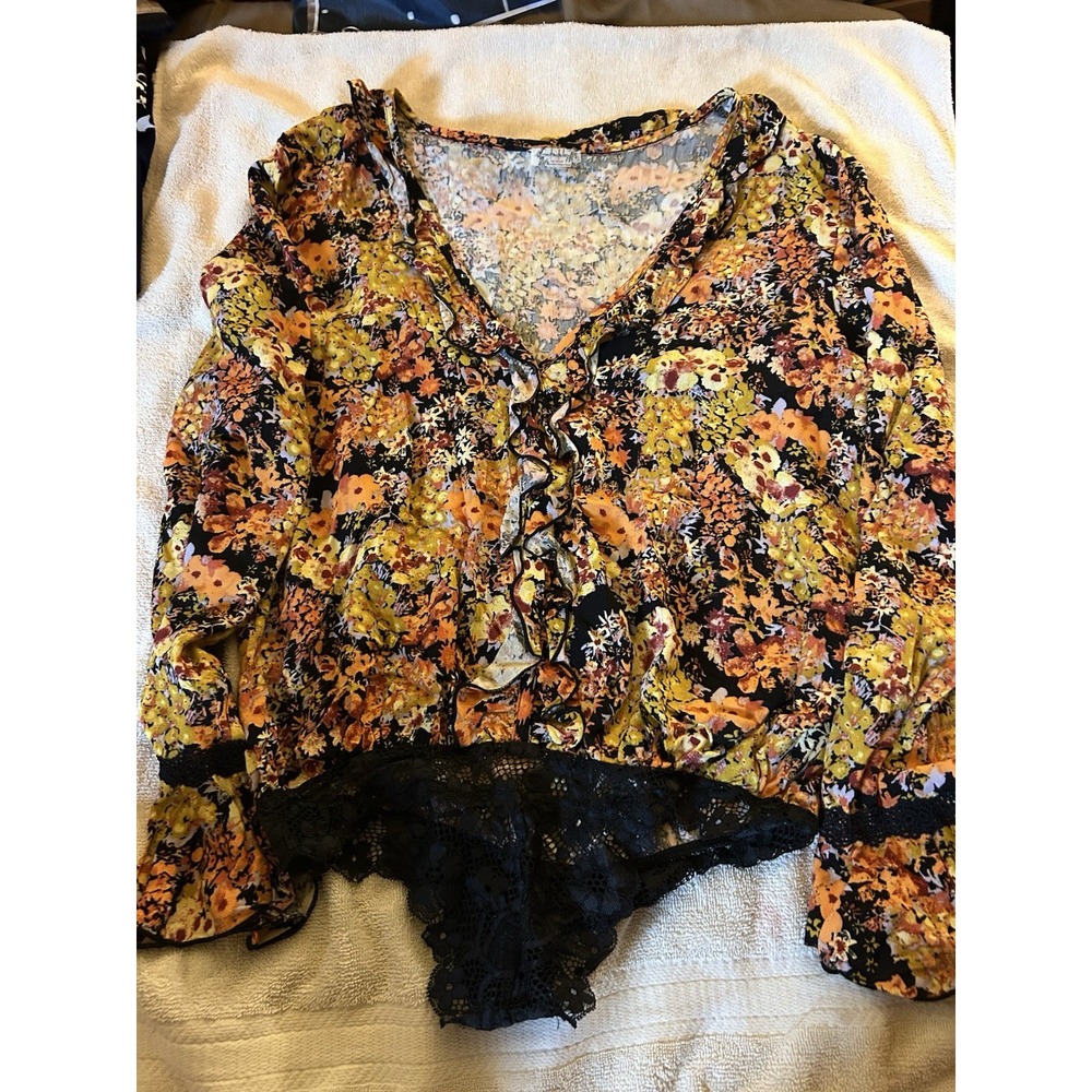 Free People Floral Ruffle Blouse Lace Trim‎ Long Sleeve Boho Bodysuit Women's S